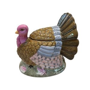 VINTAGE CERAMIC THANKSGIVING TURKEY COVERED DISH GRAVY BOWL BOAT W LADLE